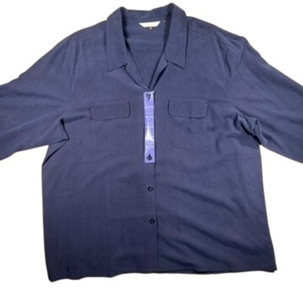Lady Hathaway Sanded Silk Camp Shirt XXL 18 Women Navy Blue Long Sleeve BNWT